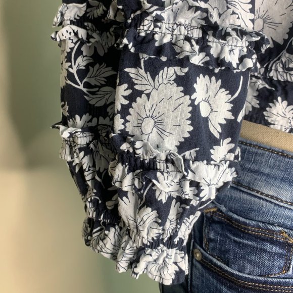 LC Crop Top Navy White Daisy Print Balloon Ruffle 3/4 Sleeves Drawstring Size M - Picture 6 of 15